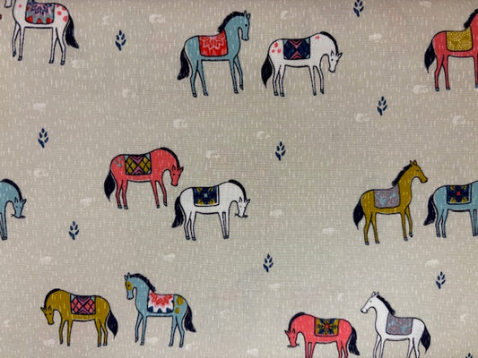 COTTON STEEL  caballos rojo azul blanco y marron